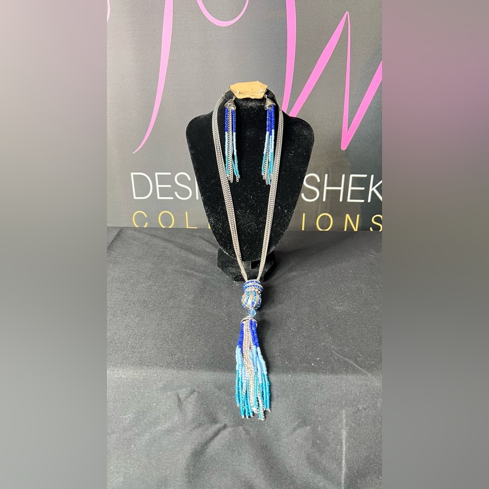 Elegant Blue and Silver Beaded Necklace and Earring Set